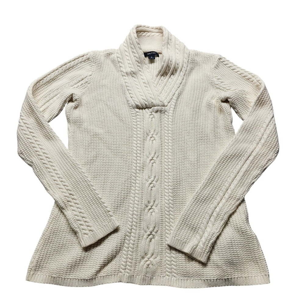 Nautica Cable Knit Shawl Collar Sweater Womens Small Cream Cotton Pullover